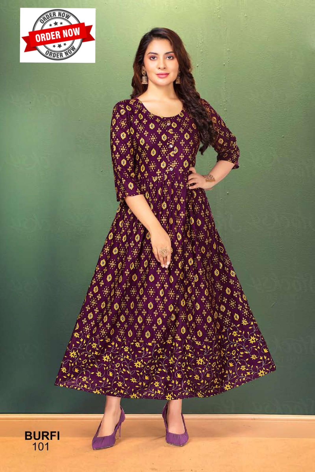 Barfi Vol 1 By Golden 101 To 108 Flaired Printed Kurtis Wholesale Clothing Suppliers In India
